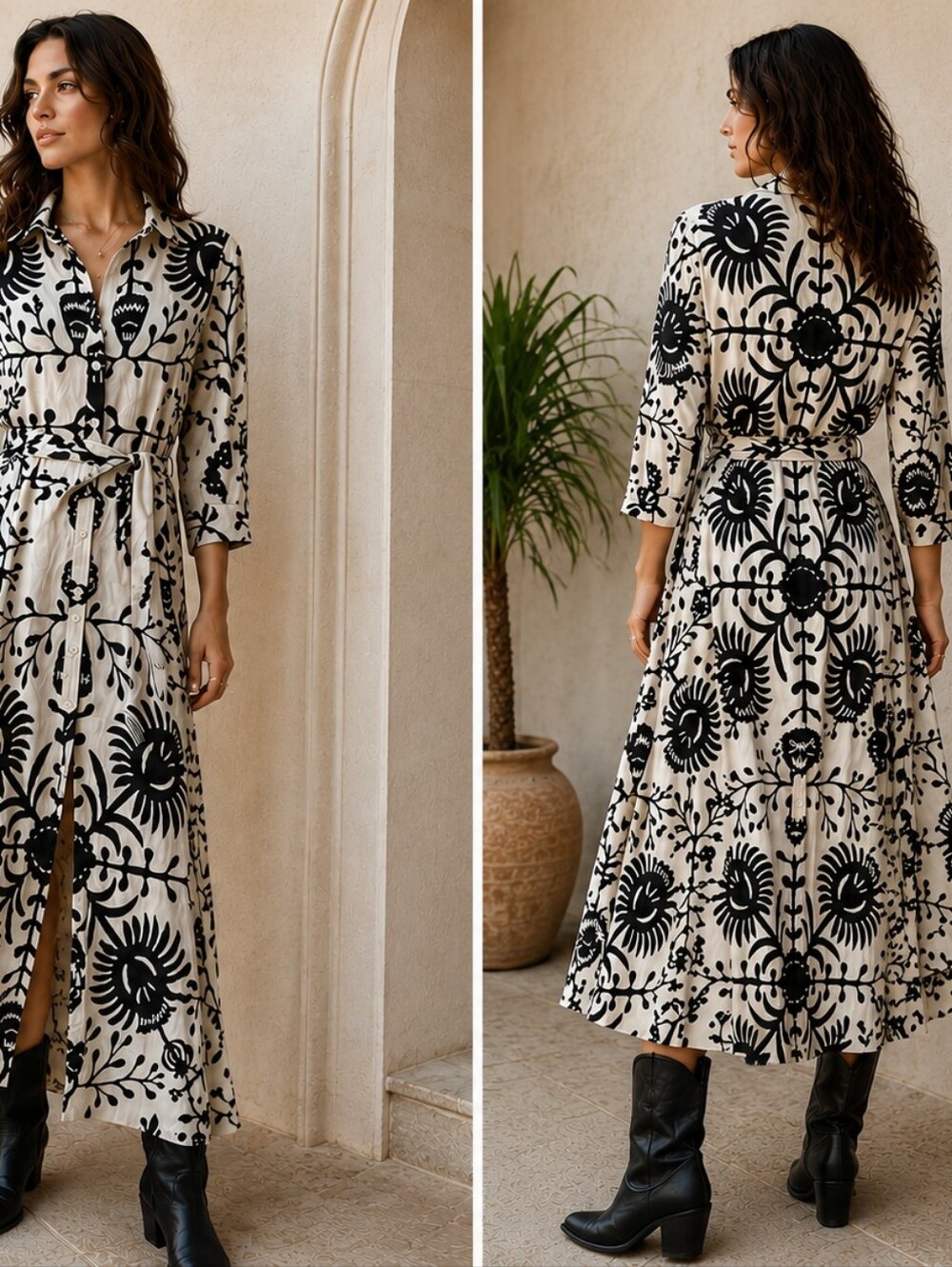 Zara Black and White Floral Maxi Shirt Dress with Tie Belt